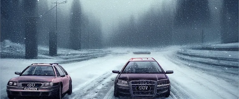 Prompt: Audi A4 B6 Avant (2002), a gritty neo-noir, dramatic bright lighting, cinematic, establishing shot, extremely high detail, photorealistic, cinematic lighting, artstation, by simon stalenhag, Snowy italian road, Snowy Alps, serious car crash, At night, Poets of the Fall - Late Goodbye