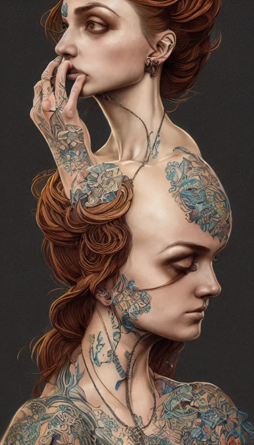 Prompt: tattooed lady, fame of thrones, fibonacci, sweat drops, intricate fashion clothing, insane, intricate, highly detailed, digital painting, artstation, concept art, smooth, sharp focus, illustration, Unreal Engine 5, 8K, art by artgerm and greg rutkowski and alphonse mucha