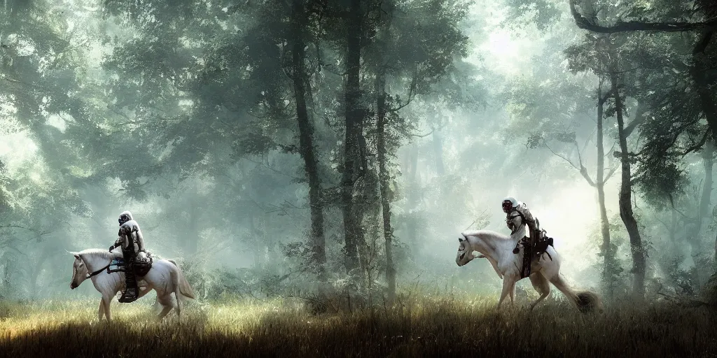 Prompt: american astronaut in an indian forest riding a beautiful white horse, plants environment, wide angle, cinematic lighting, atmospheric, ultrarealistic, trending on artstation, cgsociety, highly detailed, color graded, in the style of craig mullins, rendered in Unreal Engine 4k HQ, horizon forbidden west