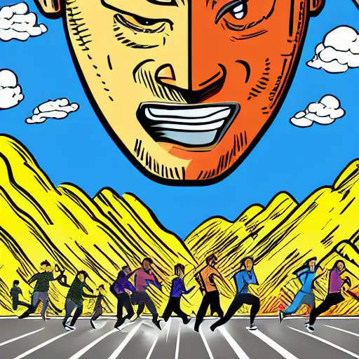Image similar to landscape of people running away from a giant with bitcoin face, pop art, highly detailed, hyper-realistic, 8k