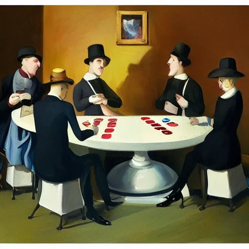 Image similar to “an award winning painting of a group of beautiful young symmetric people wearing monocles and top-hats sitting at a round metal table playing cards, drinking gin and tonic. In the style of Edward hopper”