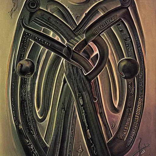 Image similar to a painting of the rod of asclepius by h. r. giger