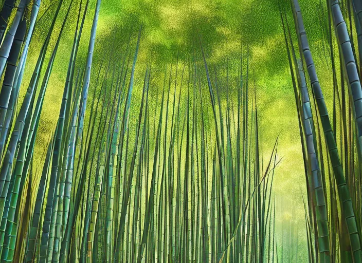 Prompt: beautiful japanese bamboo forest, sunny, extreme detail, cartoony, sketched, mid day, realistic lighting, light rays, by studio ghibli, trending on artstation, 4 k, hd