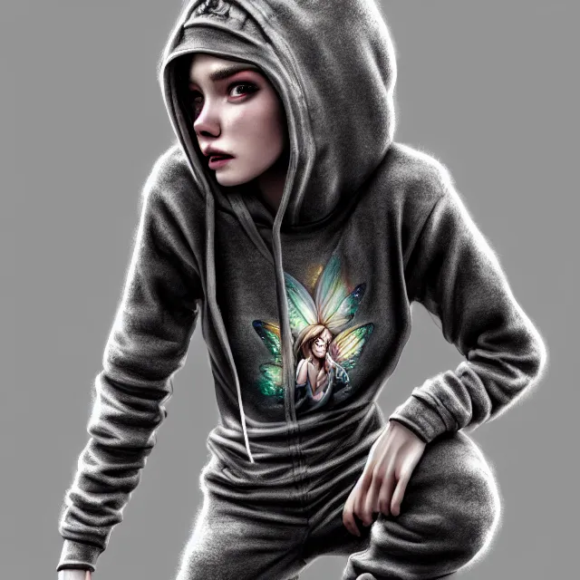 Image similar to full body pose, beautiful adult pot head fairy, hoodie, grungy, pajama pants, highly detailed, 4 k, hdr, smooth, sharp focus, high resolution, award - winning photo, artgerm, photorealistic