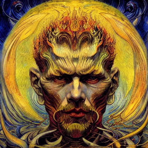 Prompt: Divine Chaos Engine by Karol Bak, Jean Delville, and Vincent Van Gogh, in the style of William Blake and Van Gogh