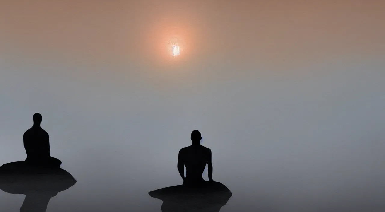 Prompt: visionary art painted style a lonely silhouette of a meditating monk sitting in the fog on a stone protruding from the water in the rays of the morning sun