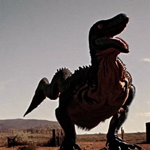 Prompt: velociraptor with a cowboy outfit in a wild west town, still from a movie, 3 5 mm film, grainy, evocative, atmospheric lighting, intricate, highly detailed, sharp focus, cinematic, masterpiece, taken by sergio leone and john ford