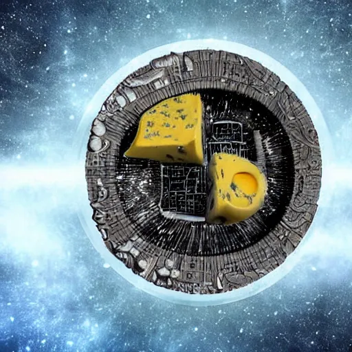 Image similar to an alien city on the moon made entirely from cheese. digital illustration. highly detailed. bizarre. seen through a telescope.