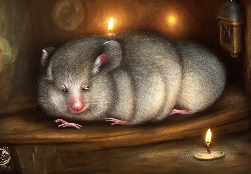 Image similar to cute hatted possum sleeping inside a bed in a medieval cluttered cottage at night under the dim light of a candle, dark fantasy, dreaming illusion, trending on artstation
