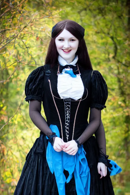 Image similar to full - length photo, young woman, gothic clothes, blue stockings, smiling at camera, 4 k, colourful