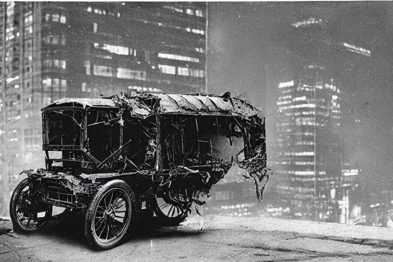 Image similar to cyberpunk 1 9 0 8 model ford t by paul lehr, metropolis, view over city, vintage film photo, damaged photo, scratched photo, scanned in, old photobook, silent movie, black and white photo