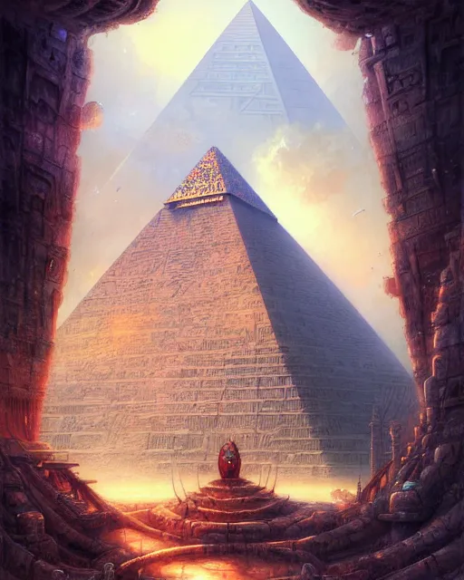 Image similar to inside a large pyramid made of pyramids and eyes fantasy character portrait, ultra realistic, wide angle, intricate details, blade runner artifacts, highly detailed by peter mohrbacher, boris vallejo, hajime sorayama aaron horkey, gaston bussiere, craig mullins