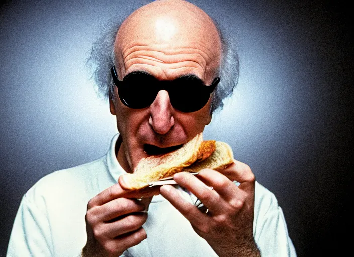 Image similar to a scene from 1 9 8 2 the thing larry david eating a sandwich, vhs distortion, cathode ray tube distortion, folk horror, hauntology, 8 k, 8 5 mm f 1. 8, studio lighting, rim light, right side key light