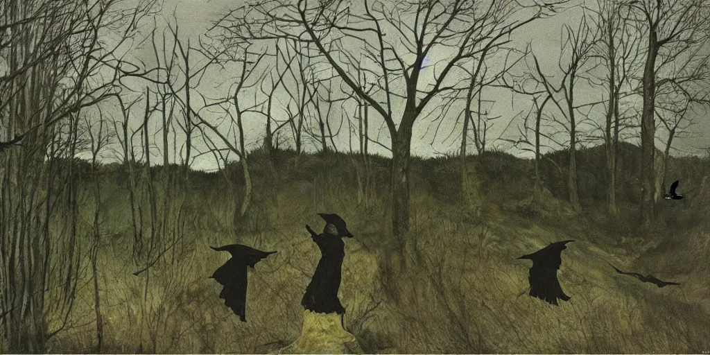 Image similar to the creepy witch with crows, out in the dark woods, a painting by Andrew Wyeth