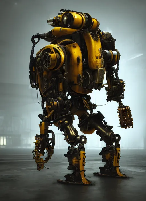 Prompt: a photorealistic dramatic hyperrealistic render of a futuristic exosuit power loader heavy machinery, ultra realistic details, glossy yellow, well worn, rust, oil stains by vitaly bulgarov and mike nash, beautiful dramatic dark moody tones and lighting, cinematic atmosphere, studio lighting, global illumination, shadows, dark background, octane render, 8 k