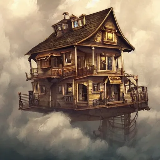 Image similar to A Steampunk house floating next to wispy clouds in the sky. Trending on art station.