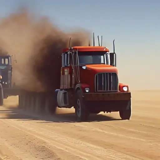 Prompt: t 6 6 0 tractor trailer truck in mad max : fury road, midday light, dust storm,