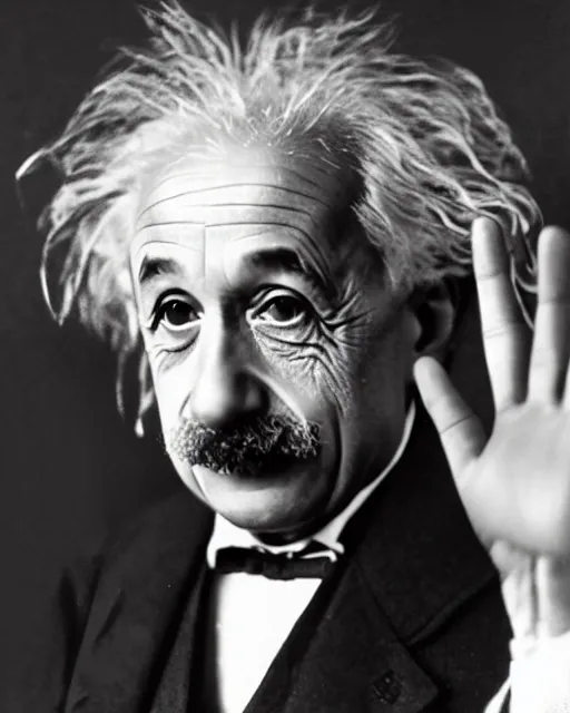 Image similar to an realistic photo of Albert Einstein holding an open palm with 7 fingers