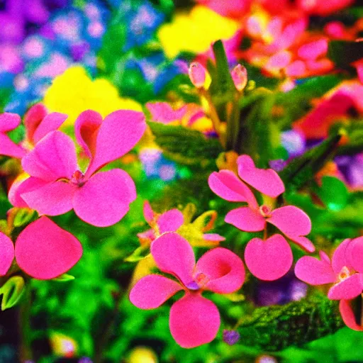Prompt: realistic magic garden with multicolor flowers, close up, ektachrome, lomo