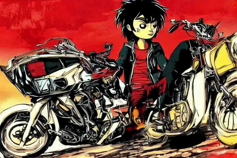 Image similar to pizza, akira's motorcycle, gorillaz, poster, high quality