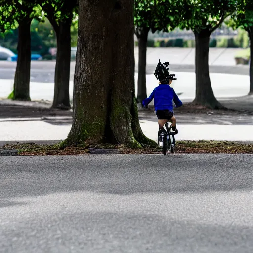 Image similar to A magpie chasing a boy on a bike, Canon EOS R3, f/1.4, ISO 200, 1/160s, 8K, RAW, unedited, symmetrical balance, in-frame