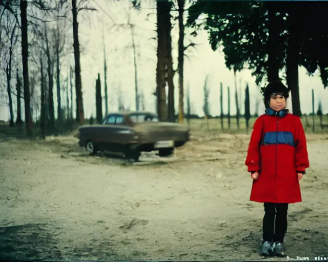 Prompt: a lomographic photo of lamborgini standing in typical soviet yard in small town, hrushevka on background, cinestill, bokeh