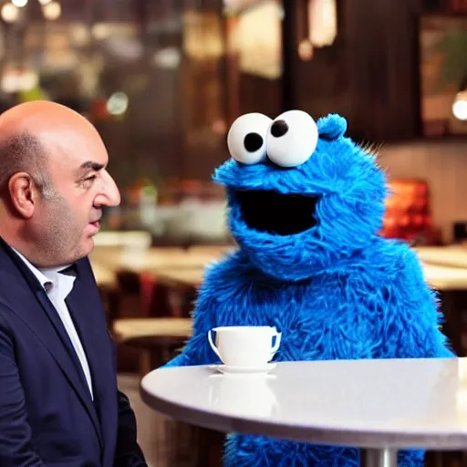 Image similar to lebanese Kevin O'leary talking with cookie monster, in a café