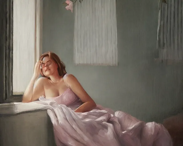 Prompt: a beautiful painting of a relaxed smiling woman in a soft night gown sitting with her eyes closed on a loose pile of soft fabrics infront of a window with the blinds drawn shut. one shoulder strap is falling off her shoulder. there is a flower vase near her. by richard s. johnson, trending on deviantart, painterly,