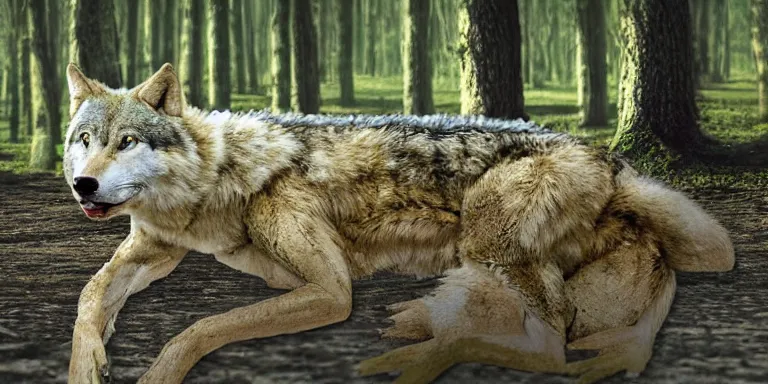 Image similar to chimera made of a wolf and a crocodile, awarded on pixiv, trending on deviantart, headshot, realistic birch wood swamp, professional photoshop utilizing real life photos