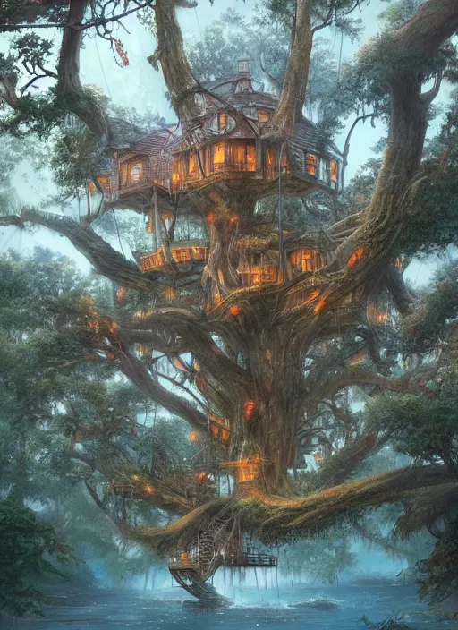 Image similar to A beautiful digital painting of an enormous treehouse, crystal lake by Stanley Artgerm Lau, Rossdraws, James Jean, gerald brom, Andrei Riabovitchev, Marc Simonetti, and Sakimichan, trending on artstation