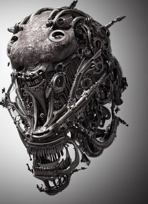 Prompt: a close up of a creepy looking biomechanical animal head face portrait, gigeresque cyberpunk art by ikuo hirayama, photorealism, octane render, behance hd, polycount