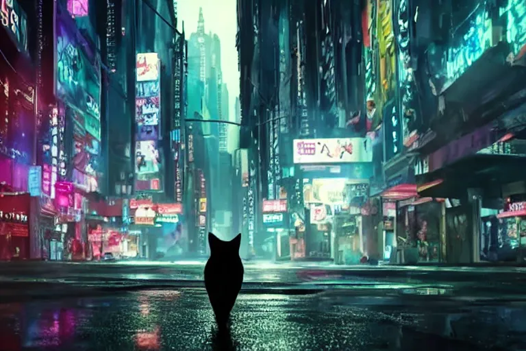 Prompt: futuristic VFX movie of a cat walking through a cyberpunk city rainy night natural lighting by Emmanuel Lubezki