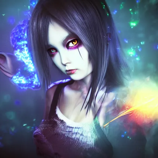 Image similar to photorealistic full shot of masterpiece angry darkness anime girl, beautifull lovely eyes, electric aura with particles, darkness background, inspired by tim burton, detailed, unreal engine 4 k, volumetric light, fog