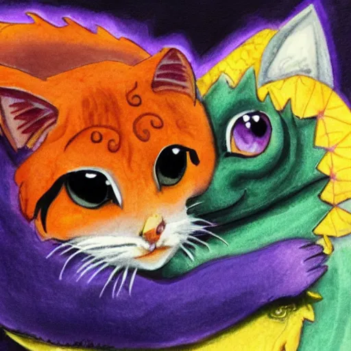 Image similar to small cute purple dragon, the dragon is hugging an orange tabby cat, soft, cozy