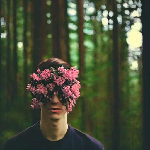 Image similar to close up kodak portra 4 0 0 photograph of a skinny guy standing in dark forest, face covered in flowers, moody lighting, telephoto, 9 0 s vibe, blurry background, vaporwave colors, faded!,
