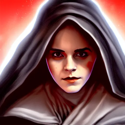 Prompt: emma watson as a sith lord with a cloak and a lightsaber, trending on art station, by the best artists