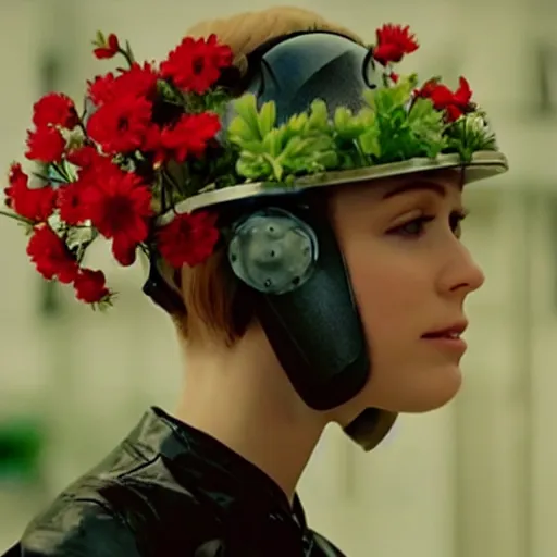 Image similar to movie still of a girl with a cyborg plants flowers helmet, cinematic composition, cinematic light, by edgar wright and david lynch
