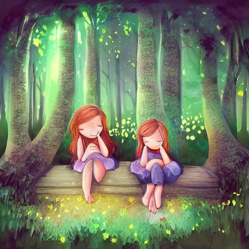 Prompt: a beautiful illustration of cute children dreaming about a beautiful forest, digital art