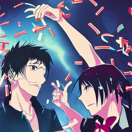 Image similar to anime cartoon portrait of 2 guys in designer clothes at a private table in a club surrounded by beautiful girls throwing rubber bands in the air, cyberpunk