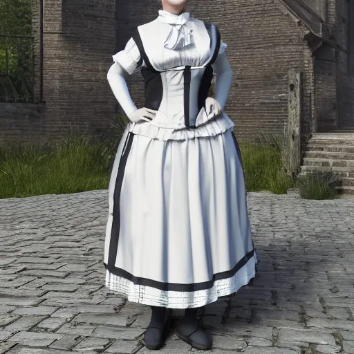 Image similar to andrew tate role - playing victorian maid outfit full body shot high - quality 8 k highly realistic photo realistic octane render blender