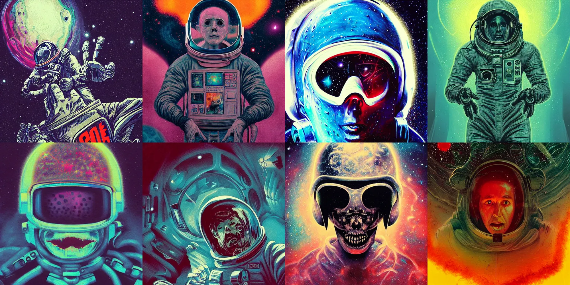 Prompt: astronaut, horror poster 9 0 s, cosmic horror, abstract, ghostly, arcade, duotone, poltergeist, lets get weird, intricate, elegant, highly detailed, digital painting, artstation, smooth, sharp focus, art by mondo, julian del rey and greg rutkowski, david la chapelle, ultraviolet colors,