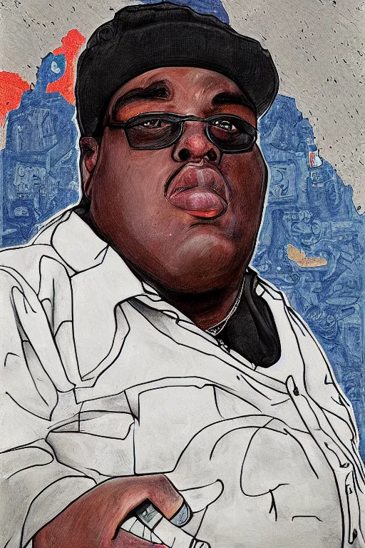 Prompt: a portrait of biggie smalls in style of rudy gutierrez and egon schiele, masterpiece, hyperdetailed, complex, intricate, 4 k, trending on artstation