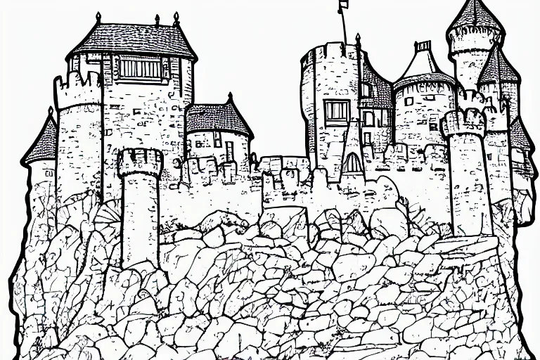 Image similar to an old castle on a seaside cliff coloring book, line art, simple, low detail