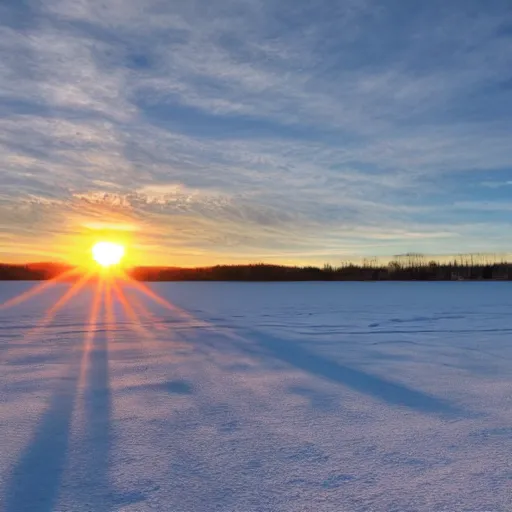 Prompt: High quality photo of sun setting over the frozen lake in winter surrounded by nature, 4k highly detailed, artstation