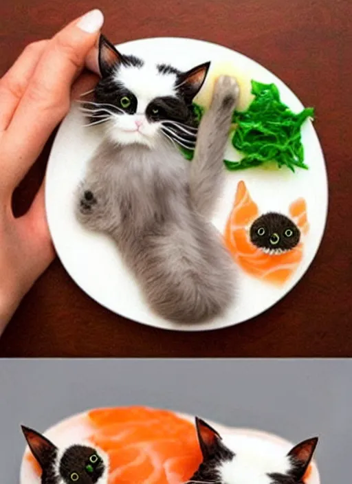 Image similar to clear photorealistic picture of adorable cats made out of sushi