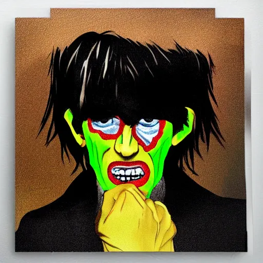 Image similar to Murdoc is based on Keith Richards of The Rolling Stones.sickly green colored skin, and yellow colored eyes, with a red pupil in his right eye. He also has a misshapen nose and sharp yellow teeth and a large grin. He has a black mop top that covers a portion of his face and hides his eyebrows, wearing a grey or black sweater and grey or blue jeans with cuban heel boots and an inverted cross necklace. He sometimes wears a purple and red cape