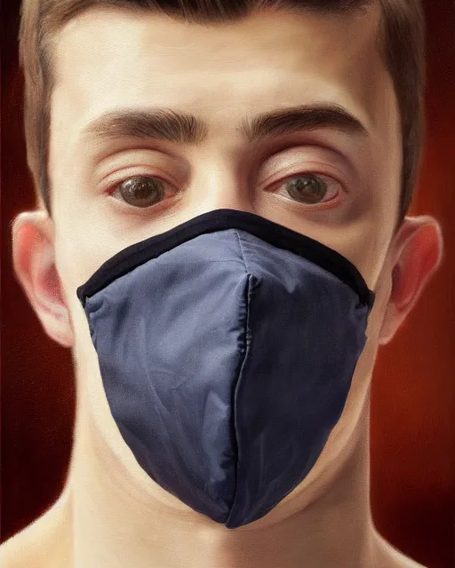 Prompt: masterpiece oil paint of a european young man covering face with fabric mask, ultrarealistic, trending on artstation, extremely detailed