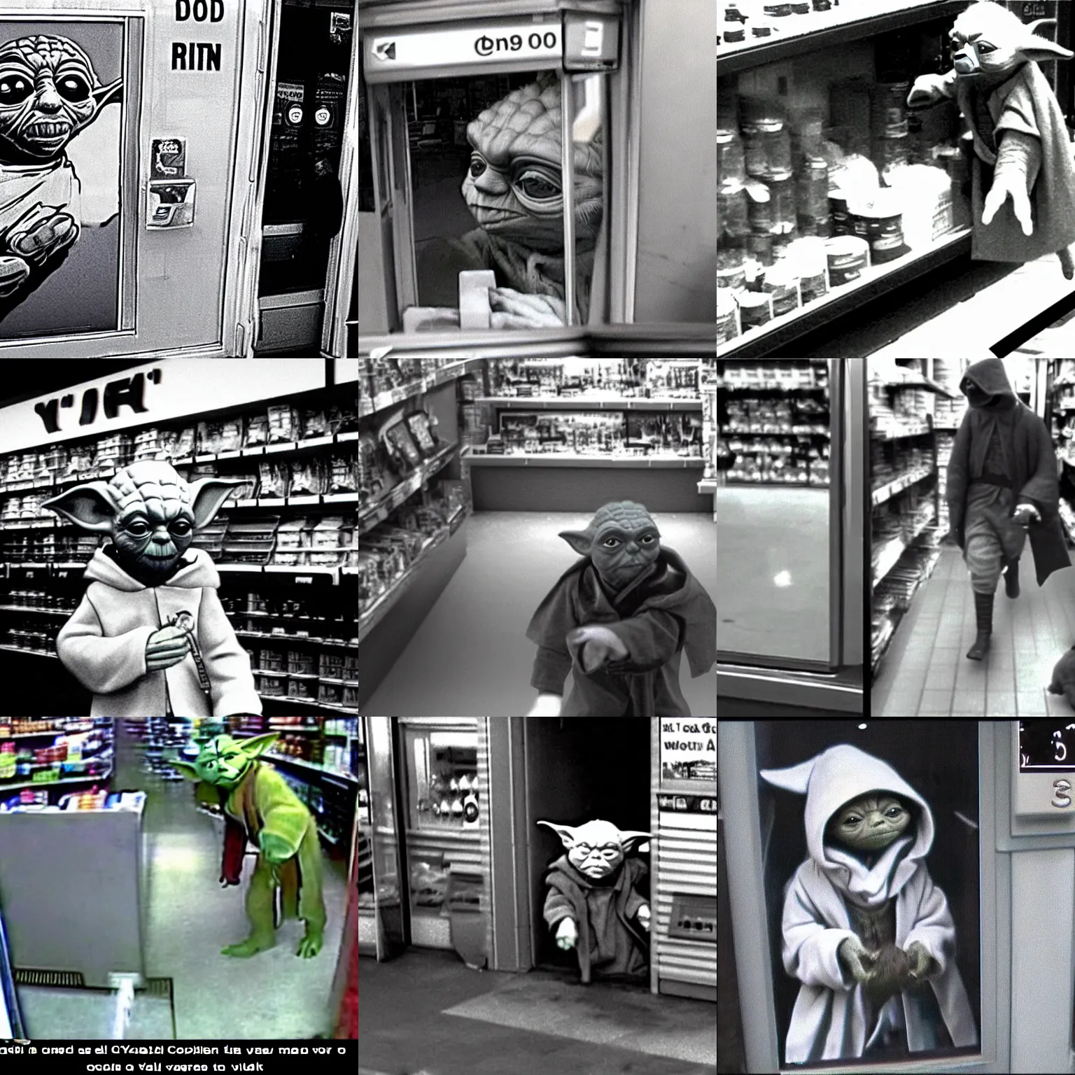 Prompt: cctv of yoda robbing a store