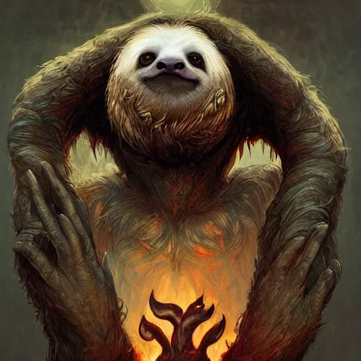 Image similar to unholy sloth, sloth monster, animal sloth, anthropomorphic sloth, demon sloth, demonic robes, dirty matted fur, evil, horror, fire, gloomy mood, ultra details, art by artgerm, dwayne barlowe, trending on artstation and greg rutkowski and alphonse mucha, 8 k