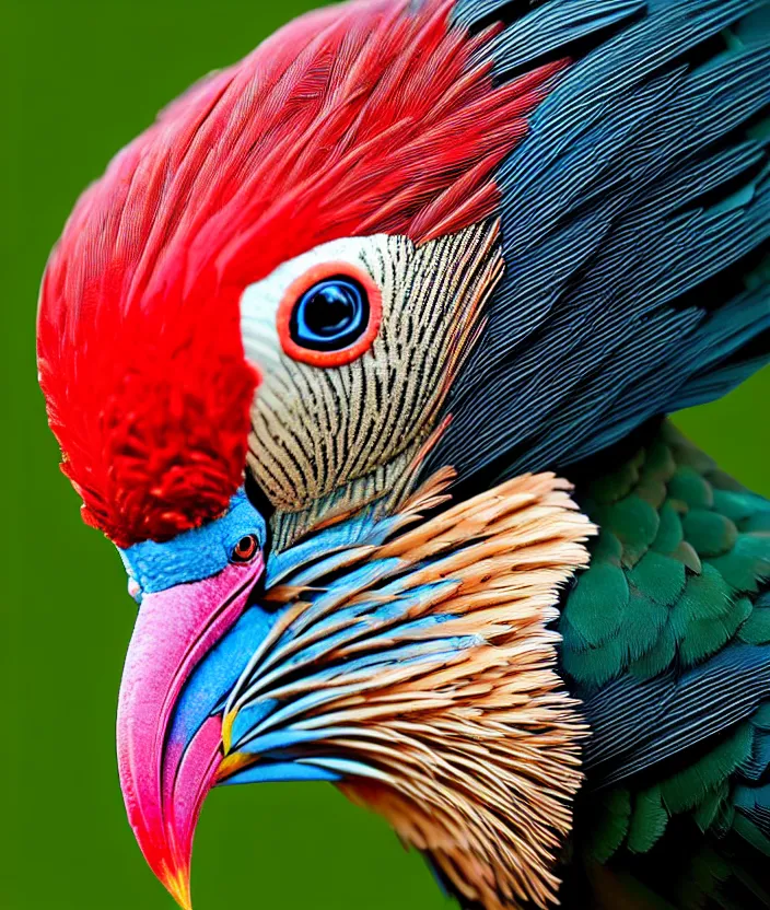 Prompt: a high resolution realistic photo portrait of a birdlike creature made of birds merged, bower bird creature wrinkles pheasant, complex feathers exotic morphing hoopoe, morphing wings king vulture head